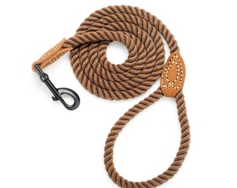 Braided Poly Cotton Rope Leash with Leather Tailor Handle and Heavy Duty Metal Sturdy Clasp (4/5/6 FEET)