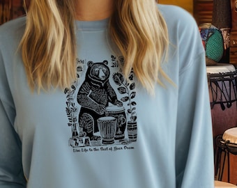 Bear Drummer Screen Printed Tee: Comfort Colors Boho Music Shirt