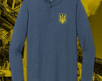 Ukraine Trident Henley Shirt, Zelensky Support, Long Sleeve Tee