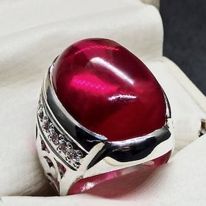 Anel masculino de rubi vermelho escuro 28 quilates grande cabochão anel masculino de prata esterlina 925 feito à mão anel Yaqoot Roby 14k, anel de treliça pesada de ouro 18k