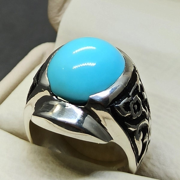 Natural 21 Carat Big Neshapuri Feroza Mens Carved Ring Sterling Silver 925 Blue Unheated Turquoise Handmade Carved 14k, 18k Gold Ring