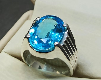 Rare Oval Cut Deep Blue Topaz Mens Ring Sterling Silver 925 Handmade Blue Topaz Ring 13 Carat Blue Topaz Ring 14k, 18k Gold Ring