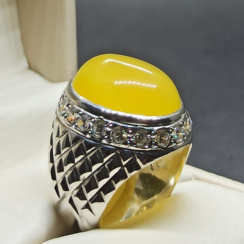 Natural 30 Carat Yemeni Zard Aqeeq Mens Heavy Ring Sterling Silver 925 Handmade Yellow Agate Ring shops Yellow Aqeeq Ring