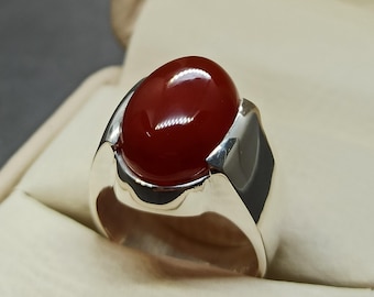 Handmade Natural Yemeni Brown Aqeeq Ring: Sterling Silver Carnelian Mens Ring