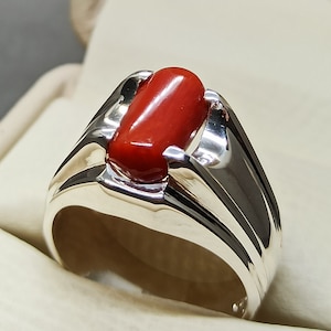 Natural 6.5 Carat Capsule Shape Australian Deep Red Coral Sterling Silver 925 Handmade Mens Ring Marjan Ring Coral 14k, 18k Gold Ring