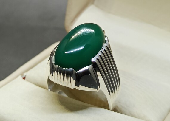 Details about / Natural Yemeni Sabz Aqeeq Sterling Silver 925 Handmade Big Green Agate Mens Ring