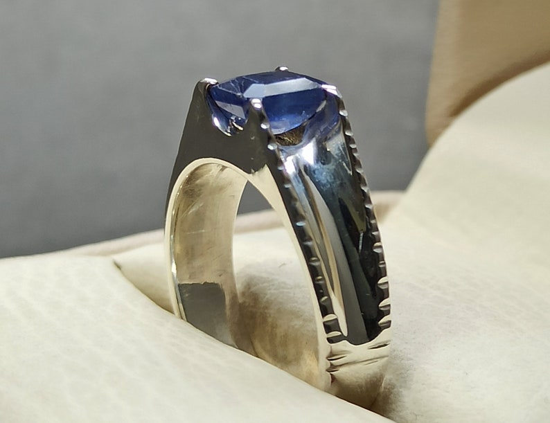 Natural Ceylon Emerald Cut Blue Women Ring Sapphire Sterling Silver 925 Handmade Neelam Ring