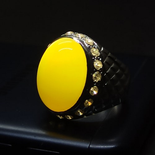 Natural 30 Carat Yemeni Zard Aqeeq Mens Heavy Ring Sterling Silver 925 Handmade Yellow Agate Ring shops Yellow Aqeeq Ring