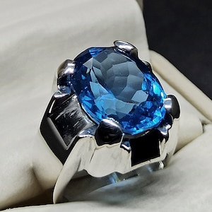 Rare Oval Cut 20 Carat Fresh Blue Topaz Mens Heavy Ring Sterling Silver 925 Handmade Quality Blue Topaz Ring 14k, 18k Gold Ring
