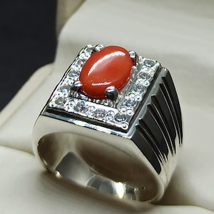 Natural 4 Carat Australian Deep Red Coral 14k Gold Mens Ring Sterling Silver 925 Handmade Marjan Ring Coral 18k Gold Birthday Ring