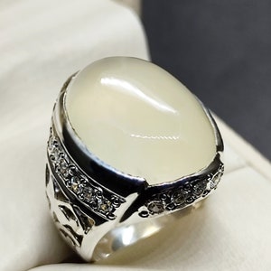 Natural 25 Carat Rare Dur e Najaf Mens Lattice Ring Sterling Silver 925 Handmade White Quartz Ring Moonstone 14k, 18k Gold Religious Ring