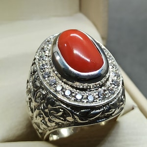 Natural 8 Carat Capsule Shape Australian Deep Red Coral Sterling Silver 925 Handmade Mens Big Carved Ring Marjan 14k, 18k Gold Engraved Ring
