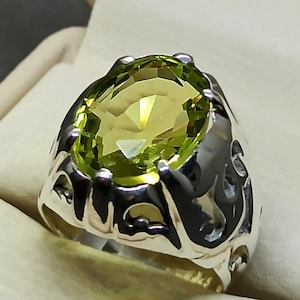 Oval Cut Pale Green Peridot Mens Ring Sterling Silver 925 Handmade Green Beryl Ring 12 Carat Peridot 14k, 18k Gold Lattice Ring Artisan Ring