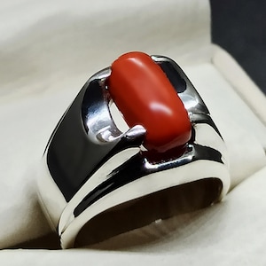 Natural 6 Carat Capsule Shape Australian Deep Red Coral Mens Ring Sterling Silver 925 Handmade Marjan Ring Coral 14k, 18k Gold Plain Ring