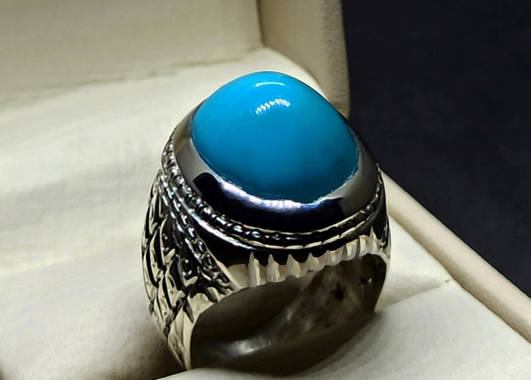 Natural Cabochon Big 24 Carat Neshapuri Feroza Mens Ring Sterling ...