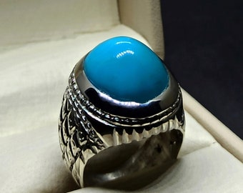 Natural American Turquoise Engraved Ring: Handmade Sterling Silver Mens Big Feroza Jewelry