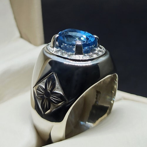 6 Carat Oval Cut Rare Deep shops Blue Topaz Mens Plain Carved Ring Sterling Silver 925 Handmade Blue Topaz Ring Eye Clean Fresh Blue Topaz Ring