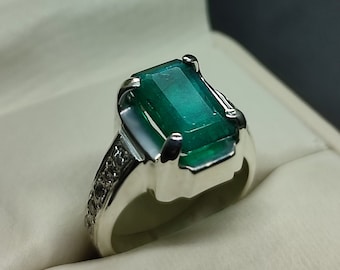 Emerald Cut Green Created Emerald Ring: Handmade Sterling Silver 925