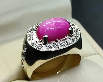 天然レッドルビースターレディースリング、ハンドメイドスターリングシルバー、ゴールドヤクートエレガントジュエリー