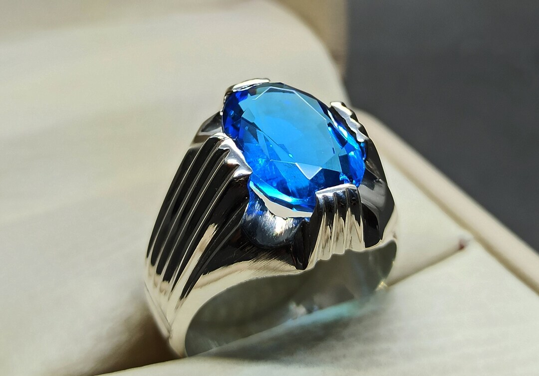 Oval Cut Fresh Blue Topaz Mens Ring Sterling Silver 925 Handmade Blue Topaz Ring 7 Carat Blue