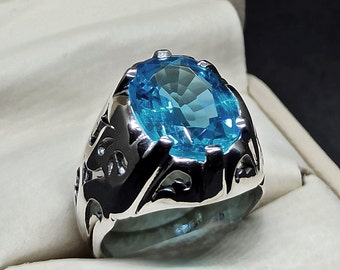 Anello Da Uomo In Argento Sterling Con Topazio Blu: Fatto A Mano In Stile Ottomano - Italia - Foto 8