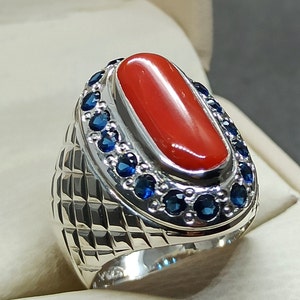 Natural 9 Carat Australian Deep Red Coral Mens Ring Sterling Silver 925 Handmade Marjan Ring Coral 14k, 18k Gold Ring Birthday Ring