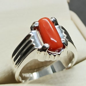Natural 4.5 Carat Capsule Shape Australian Deep Red Coral Sterling Silver 925 Handmade Mens Ring Marjan Ring 14k, 18k Gold Ring