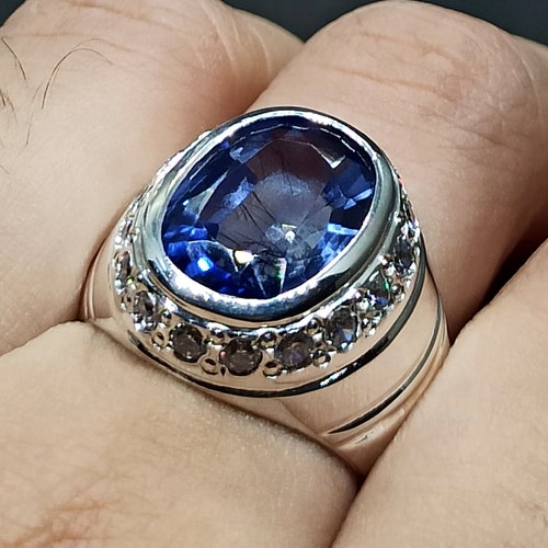 12 shops Carat Oval Cut Dark Deep Blue Topaz Mens Ring Sterling Silver 925 Handmade Blue Topaz Engagement Ring Eye Clean Topaz Channel Set Ring