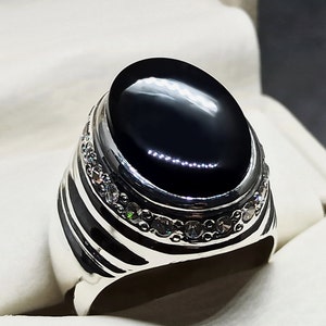 Natural 15 Carat Yemeni Black Khabadi Aqeeq Mens Elegant Ring Sterling Silver 925 Handmade Black Agate Ring