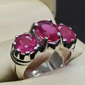 Natural 11 Carat Deep Red Three Ruby Mens Ring Sterling Silver 925 Handmade Triple Real Yaqoot Ring Roby 14k, 18k Gold Three Stone Ring