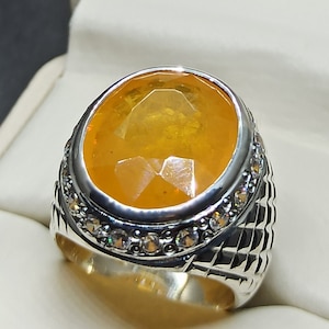 Oval Cut Big 25 Carat Deep Yellow Sapphire Mens Heavy Ring Sterling Silver 925 Handmade Pukhraj Ring Gift for Him Topaz 14k, 18k Gold Ring