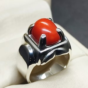 Natural Unheated 6 Carat Australian Deep Red Coral Mens Plain Heavy Ring Sterling Silver 925 Handmade Marjan Ring Coral 14k, 18k Gold Ring