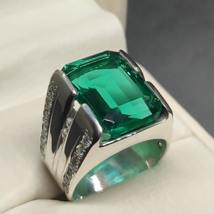 Corte esmeralda 16 quilates verde rico esmeralda conjunto de canal masculino anel de formato quadrado prata esterlina 925 feito à mão anel Zamurd esmeralda 14k 18k anel de ouro