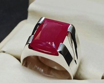 Anillo de rubí rojo paloma con corte esmeralda: anillo de plata de ley para hombre hecho a mano