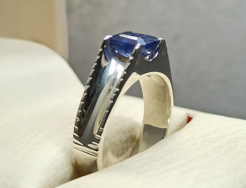 Natural Ceylon Emerald Cut Blue Women Ring Sapphire Sterling Silver 925 Handmade Neelam Ring