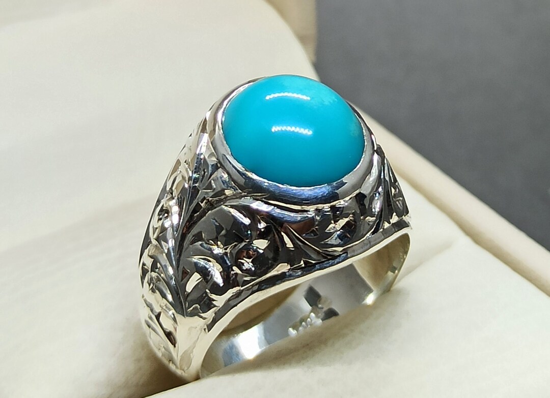 Natural 11 Carat Neshapuri Feroza Men Ring Sterling Silver 925 Unheated ...