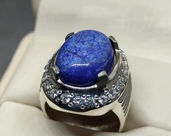 Natural Cabochon Blue Lapis Lazuli Ring: Handmade Sterling Silver 925 & Gold Women Jewelry