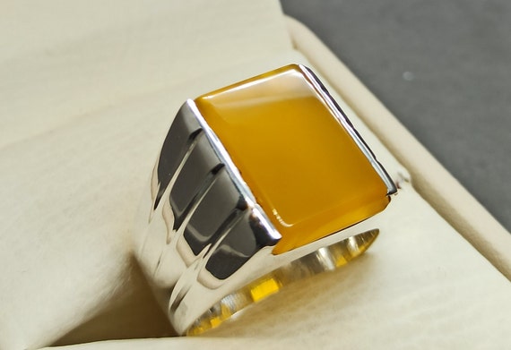 Handmade Sterling Silver Mens Ring: Natural Square Yellow Yemeni Aqeeq Stone Jewelry