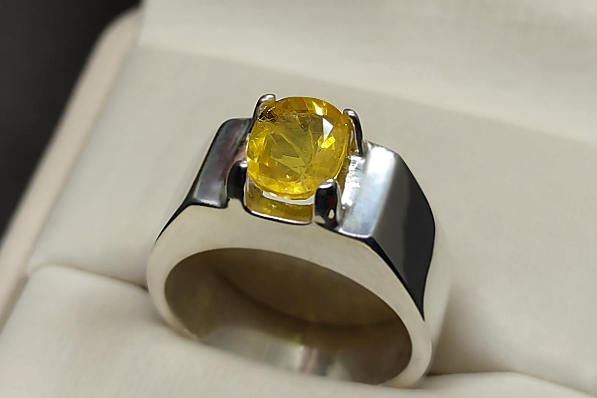 Natural Ceylon Yellow Sapphire Ring: 3 Carat, Sterling Silver Mens