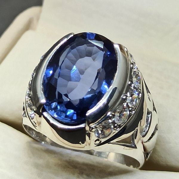 Anillo de compromiso de topacio azul profundo de corte ovalado de plata de ley 925 hecho a mano para mujer, anillo de compromiso de topacio azul de 14k, anillo de oro de 18k, regalo para él