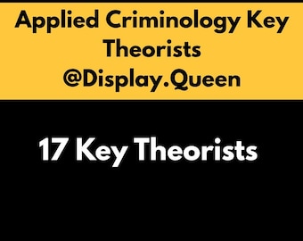 Può includere: Grafica con testo su sfondo nero. La sezione superiore è gialla con le parole "Applied Criminology Key Theorists @Display.Queen". La sezione inferiore presenta le parole "17 Key Theorists" in bianco.