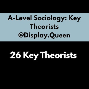 以下が含まれることがあります： 白文字の黒と水色のグラフィック。テキストは「A-Level Sociology: Key Theorists @Display.Queen」と「26 Key Theorists」と書かれています。この画像は教育目的で設計されています。