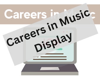 Può includere: Illustrazione di un laptop che mostra una pagina web con la scritta "Careers in Music Display". Sopra il laptop c'è uno striscione beige con le parole "Careers in Music" in bianco. Il laptop è grigio.
