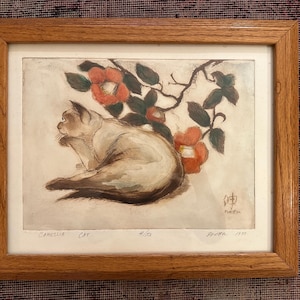 Sweet Siamese ‘Camillia cat’ signed and numbered etching, by Nobu, in 1977