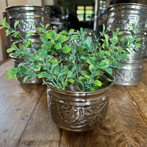 Può includere: Una fioriera in metallo color argento con un motivo floreale, riempita di piante verdi. Diverse fioriere simili sono impilate sullo sfondo. Le fioriere sono su un tavolo di legno.