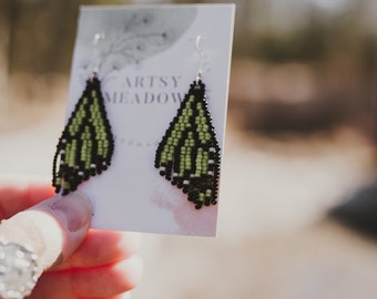 Small Butterfly Wings in Green || Brick Stitch Earrings, Jewelry, Earrings, Handmade Earrings, Beaded Earrings, Hypoallergenic Earrings