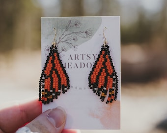 Small Butterfly Wings in Orange || Brick Stitch Earrings, Jewelry, Earrings, Handmade Earrings, Beaded Earrings, Hypoallergenic Earrings