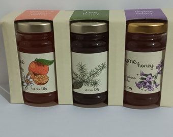 Premiun high quality Thyme Pine Orange Wildflowers honey selection from the island of Rhodes Greece  390 gr in total - 3 x 130gr each