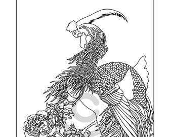 Fancy bird coloring page, downloadable, printable, line drawing