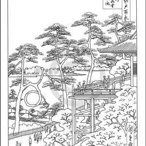 Hiroshige coloring page, Japanese art, downloadable, printable, line drawing
